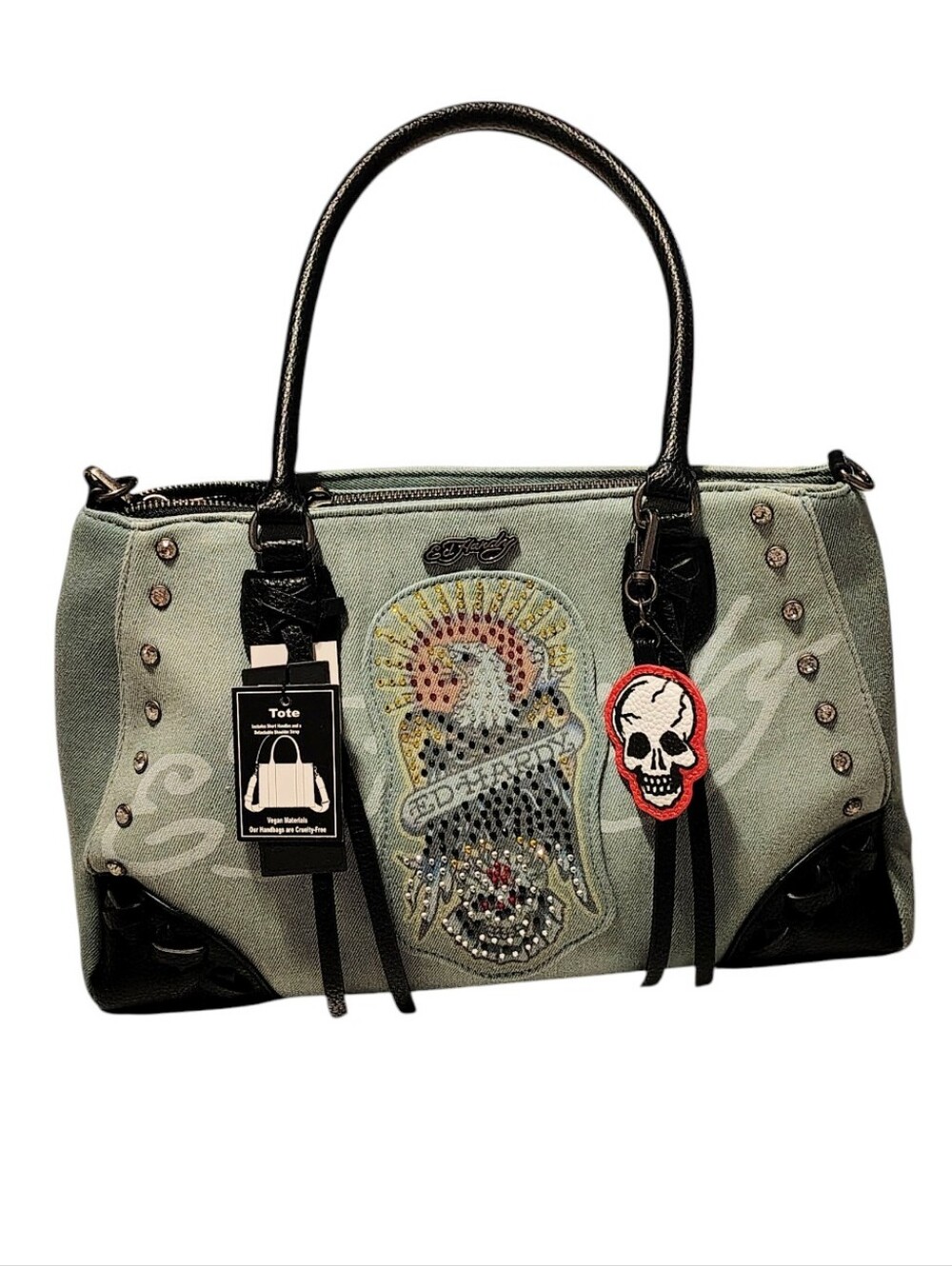 Ed Hardy Light Blue Gray Rhinestone Eagle Skull Tote Purse & Rose Skull Charms